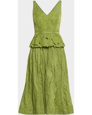 Jason Wu Sleeveless Floral Embroidered Peplum Midi Dress - Green
