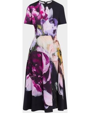Teri Jon Floral-Print Stretch Cotton Midi Dress - Purple