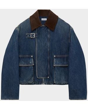 Loewe Corduroy-Collar Denim Short Parka Jacket - Blue