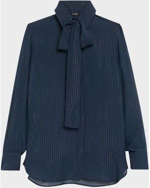 Kiton Metallic Pinstripe Silk Neck-Tie Blouse - Blue