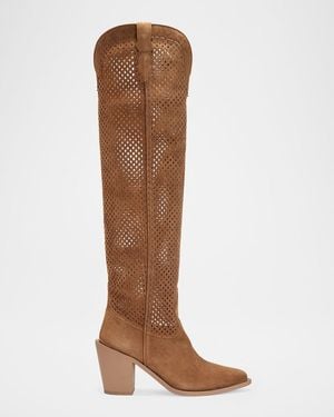 Partow Aleene Perforated Suede Knee-High Cowboy Boots - Brown