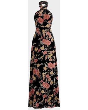 Dress the Population Black Label Brighton Velvet Floral Halter Maxi Dress - White