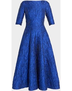 Talbot Runhof Boat-Neck Poiret Rose Jacquard Midi Cocktail Dress - Blue
