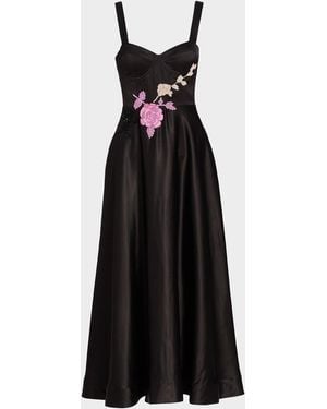 As It May Satin Embroidered Floral Cocktail Dress - Black
