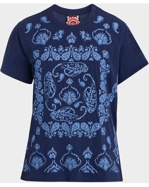 Johnny Was Paisley-Embroidered Cotton Tee - Blue