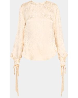 Alberta Ferretti Floral Satin Jacquard Tie-Cuff Long Sleeve Blouse - Natural