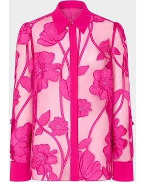 MILLY Ashton Sheer Floral-Embroidered Blouse - Pink