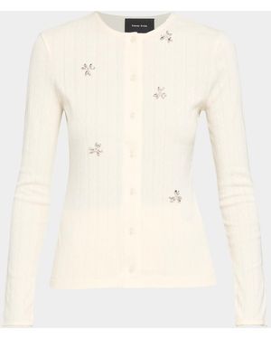 Simone Rocha Crystal Embellished Cotton Pointelle Crewneck Cardigan - Natural