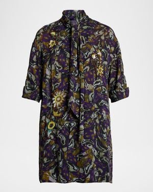 Dries Van Noten Floral Embellished Neck-Scarf Tunic Blouse - Black