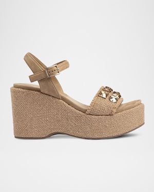 Pedro Garcia Delina Embellished Jute Platform Ankle-Strap Sandals - Natural