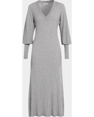 Brunello Cucinelli Sparkle Cashmere Rib Long-Sleeve Midi Dress - Gray