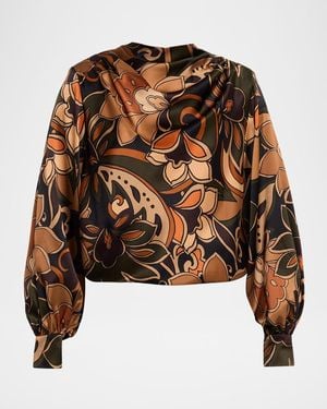 Ramy Brook Gail Draped Silk Mock-Neck Blouse - Brown