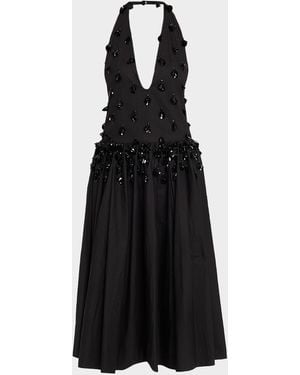 DIOTIMA Nuit Embellished Plunging Halter Drop-Waist Gown - Black