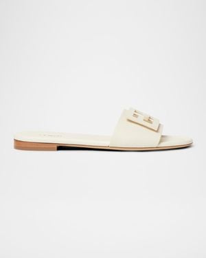 Fendi Ff Leather Flat Sandals - White