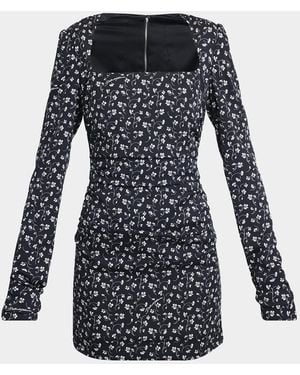 Dolce & Gabbana Floral-Print Silk Charmeuse Long-Sleeve Mini Dress - Black