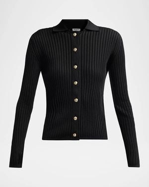 Balmain Flat Rib-Knit Polo Sweater - Black