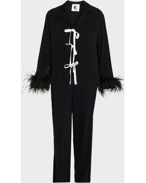 Sleeper Cropped Feather-Cuff Viscose Pajama Set - Black