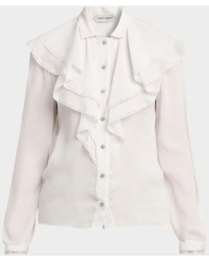 Alberta Ferretti Plisse Ruffle Button-Down Blouse - Natural