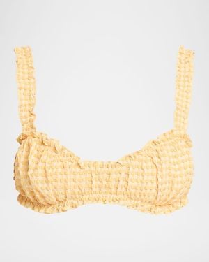 Jonathan Simkhai Evander Ruched Gingham Seersucker Bikini Top - Natural