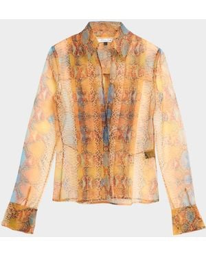 LAQUAN SMITH Plunging Metallic Snakeskin-Print Organza Shirt - Natural