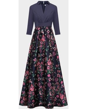Kay Unger Marceline Floral-Jacquard Shirtwaist Gown - Blue