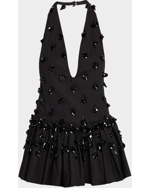 DIOTIMA Embellished Plunging Ruffle Halter Top - Black