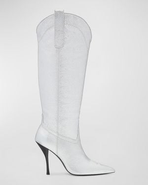 Stuart Weitzman Outwest Metallic Calfskin Stiletto Western Boots - White