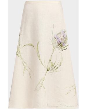 Alberta Ferretti Thistle Print Linen Midi Skirt - Natural