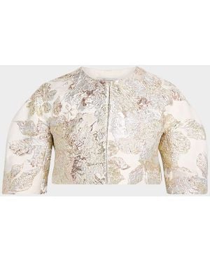 Teri Jon Lantern-Sleeve Metallic Jacquard Bolero - Natural