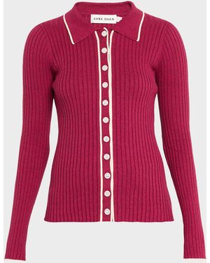 Anna Quan Ashlen Button-Front Rib-Knit Top - Red