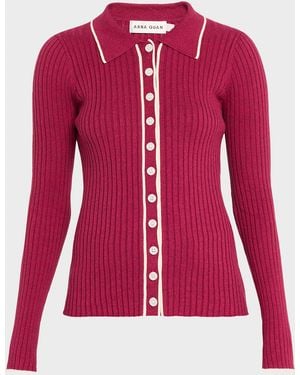 Anna Quan Ashlen Button-Front Rib-Knit Top - Red