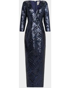 MILLY Jenna Plunging Sequin Column Gown - Blue