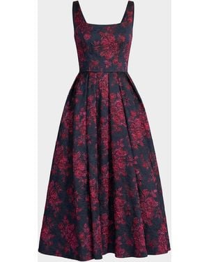 Mac Duggal Pleated Square-Neck Floral Brocade Midi Dress - Purple