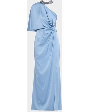 Aidan Mattox Beaded One-Shoulder Twist Gown - Blue