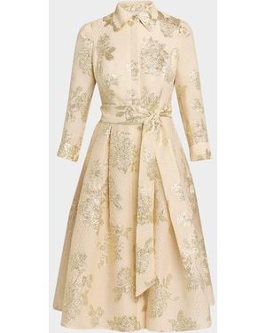 Teri Jon Pleated Metallic Jacquard Midi Shirtdress - Natural