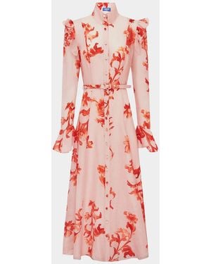 LEO LIN Katrina Ruffle-Trim Floral Maxi Shirtdress - Red