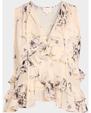 Cinq À Sept Hand-Sketched Floral Ruffle Blouse - Natural