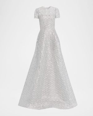 Naeem Khan Metallic Raffia Embroidered Short-Sleeve Gown - White