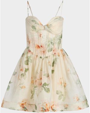 Zimmermann Carousel Floral Linen-Silk Corset Minidress - Natural
