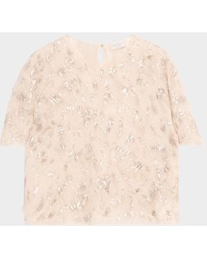Brunello Cucinelli Animalier Sequined Fringe Silk Short-Sleeve Top - Natural