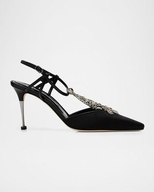Manolo Blahnik 90Mm Bolero Embellished T-Strap Satin Pumps - Black