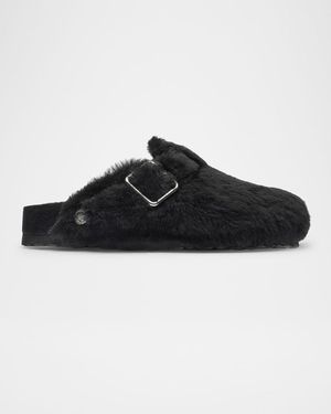 1774 BIRKENSTOCK Boston Teddy Shearling Fur Buckle Mules - Black