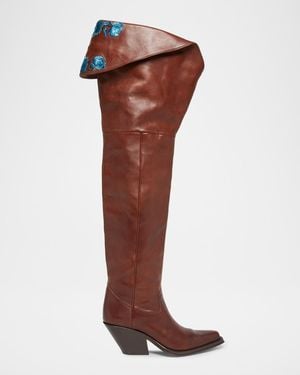 Chloé Azelan 70Mm Embroidered Over-The-Knee Leather Boots - Brown