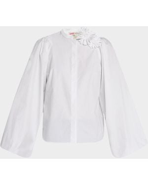 Maison Common Flower Pin Balloon-Sleeve Cotton Blouse - White