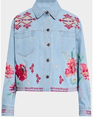 Johnny Was Cropped Floral-Embroidered Denim Jacket - Blue