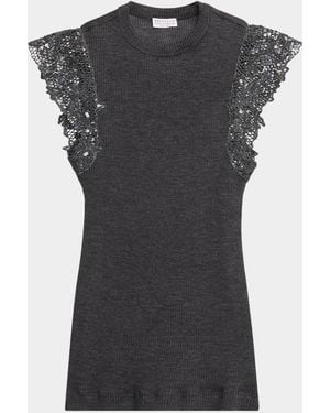 Brunello Cucinelli Shimmer Net Knit Cap-Sleeve Wool Jersey Rib Top - Black