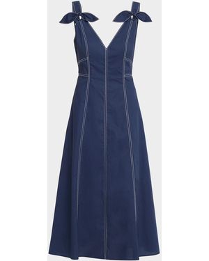 Tanya Taylor Caprice V-Neck Denim Midi Dress With Bows - Blue