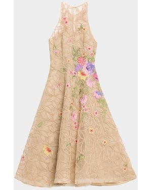 Naeem Khan Raffia Floral Embroidered Sleeveless Midi Dress - Natural