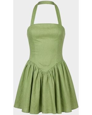 Nicholas Amalie Basque-Waist Halter Linen Mini Dress - Green