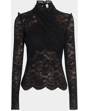 Rabanne Crisscross Mock-Neck Lace Long-Sleeve Top - Black
